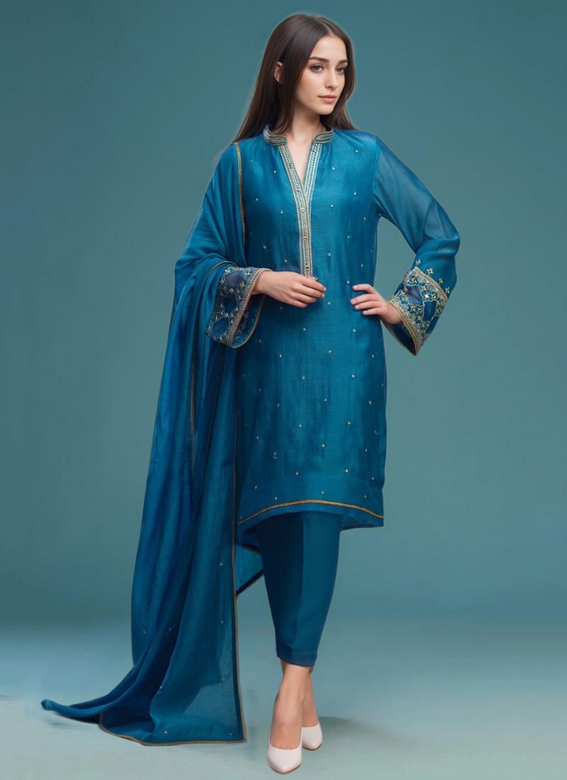 Teal Silk Hand Embroidered Zari Resham Straight Pant Suit Festive Wear