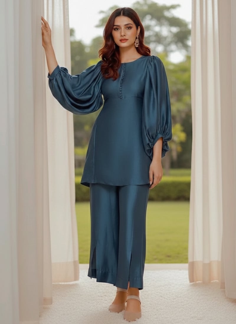 Teal Silk IndoWestern Co Ord Set With Balloon Sleeve After Six Wear