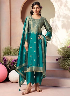 Teal Silk Jacquard Straight Pant Suit