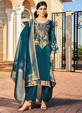 Teal Silk Jacquard Straight Pant Suit