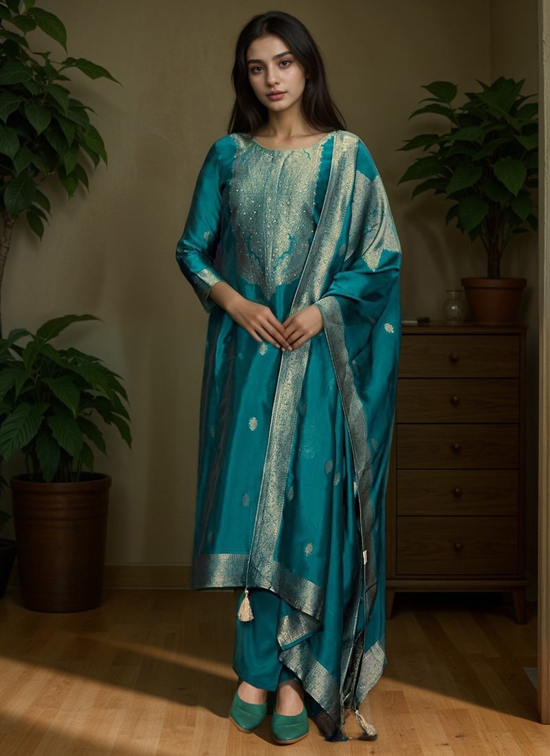 Teal Silk Jacquard Woven Straight Pant Suit Festive Wear