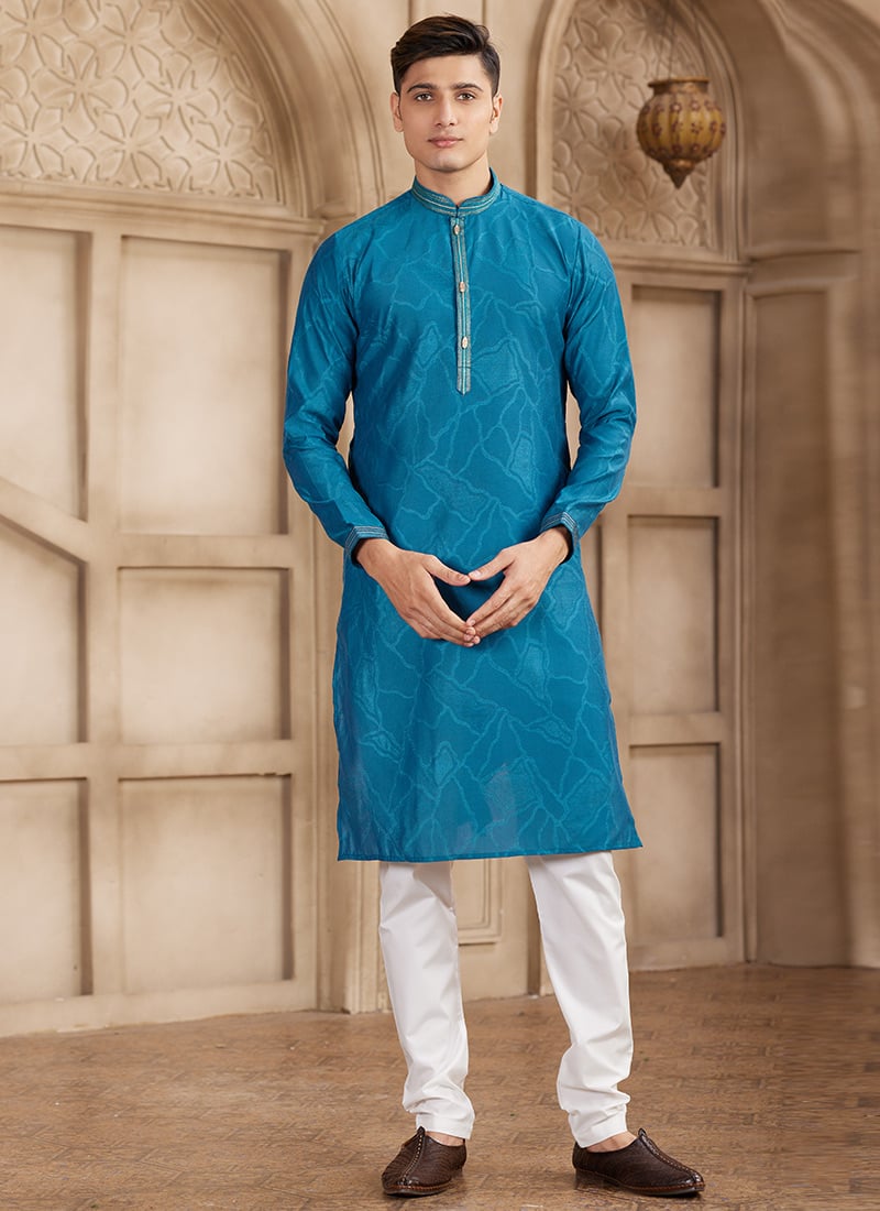 Teal Silk Kurta Pyjama Festive Wear