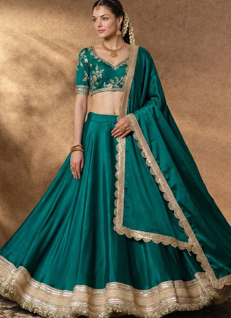 Teal Silk Lehenga Set With Zari Hand Embroidery Sequins Wedding Wear