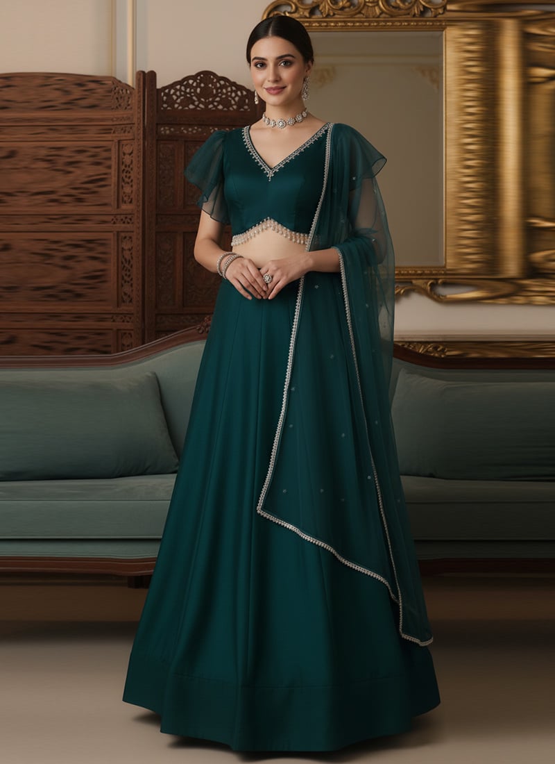 Teal Silk Moti Zari Embellished Lehenga Set Wedding Wear