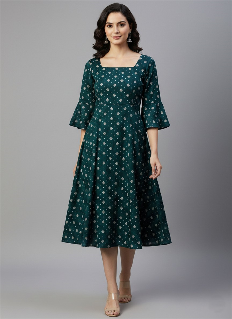 Teal Silk Printed Midi Dress After Six Wear