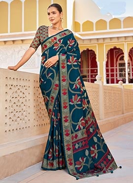 Teal Silk Printed Saree