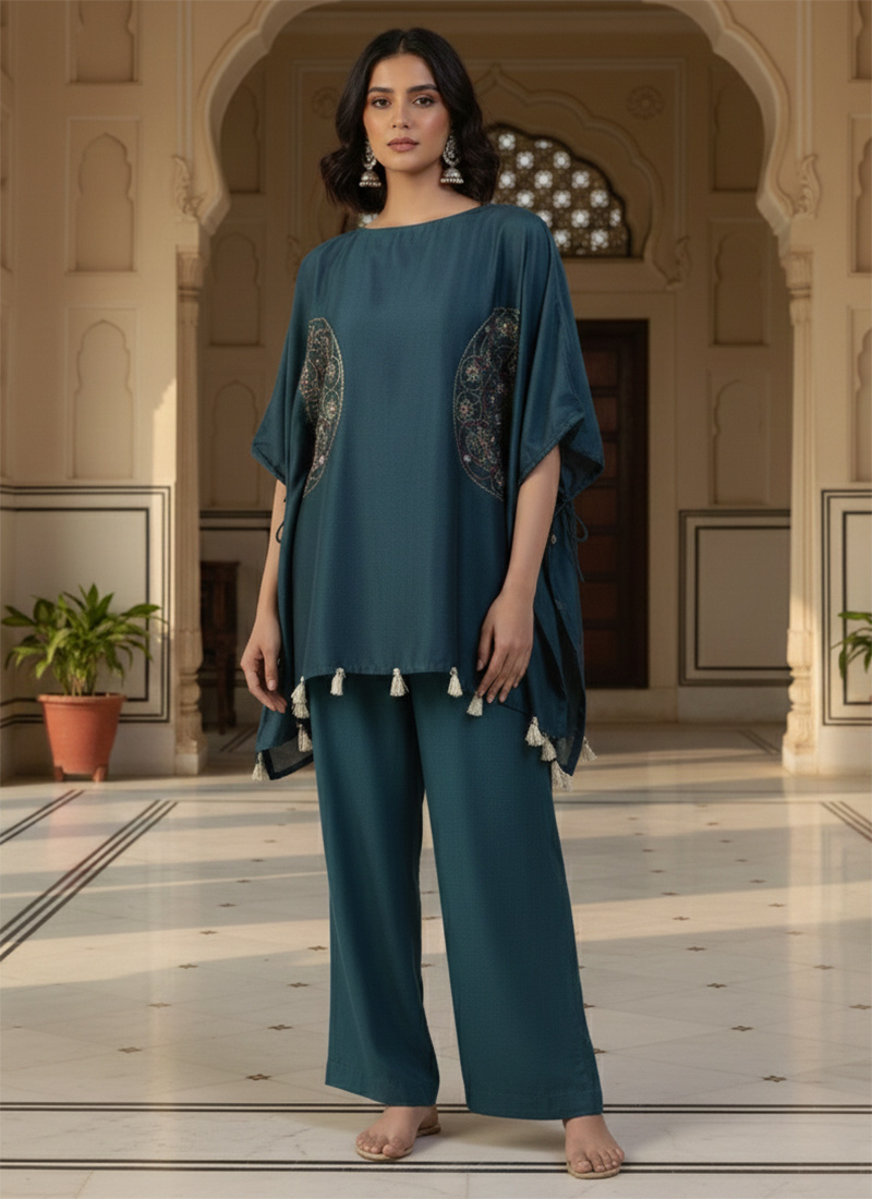 Teal Silk Resham Sequins Embroidered Indowestern Set After Six Wear