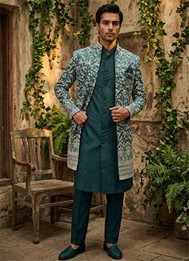 Teal Silk Sequins Embroidered Indowestern Sherwani Set