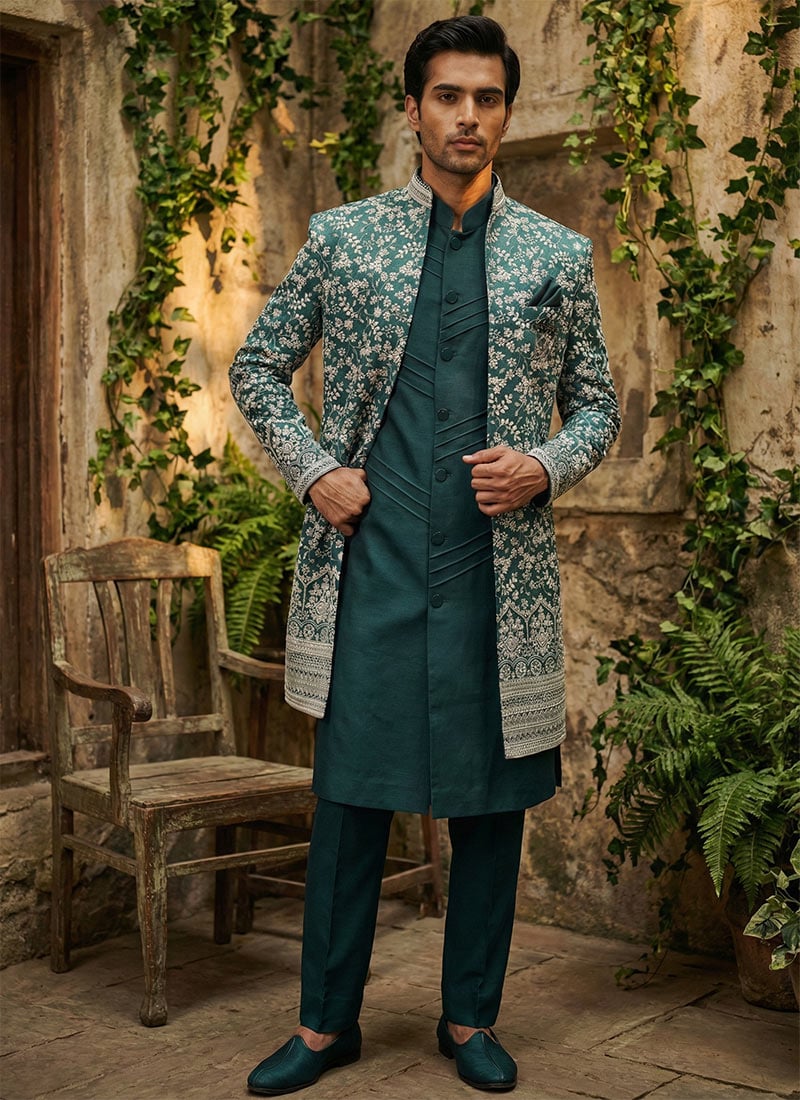 Teal Silk Sequins Embroidered Indowestern Sherwani Set Wedding Wear