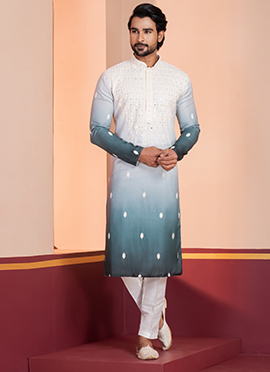 Teal Silk Sequins Embroidered Kurta Pyjama