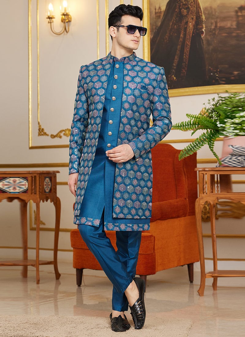 Teal Silk Sequins Indowestern Sherwani  Wedding Wear