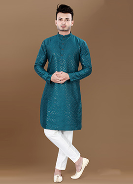Teal Silk Sequins Kurta Pyjama