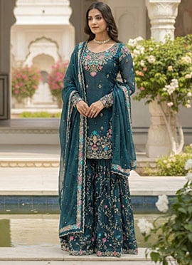 Teal Silk Sequins Moti Thread Sharara Suit