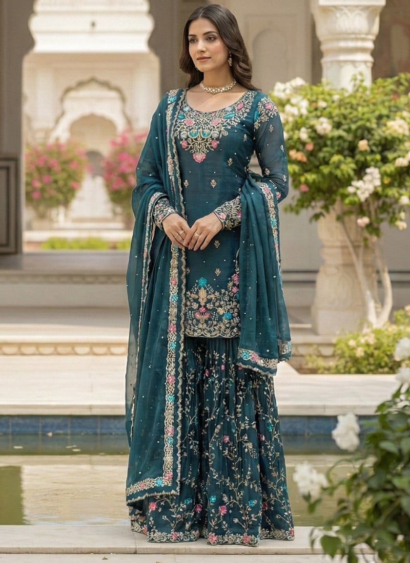 Teal Silk Sequins Moti Thread Sharara Suit Festive Wear