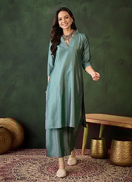 Teal Silk Solid Kurta Palazzo Set