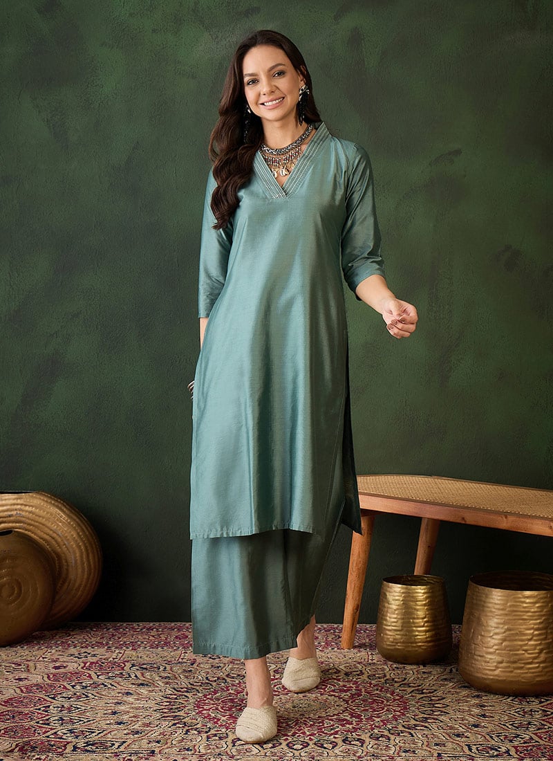Teal Silk Solid Kurta Palazzo Set After Six Wear