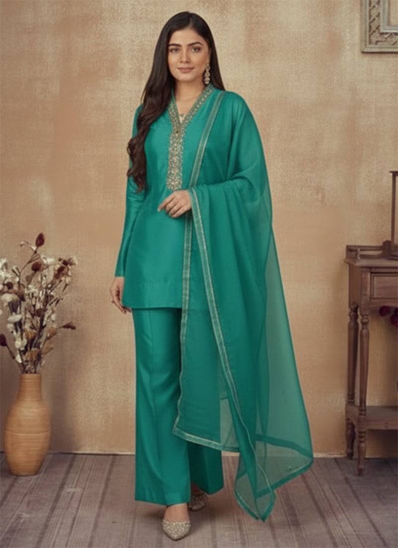 Teal Silk Stones Beads Cutdana Hand Embroidered Palazzo Suit Festive Wear