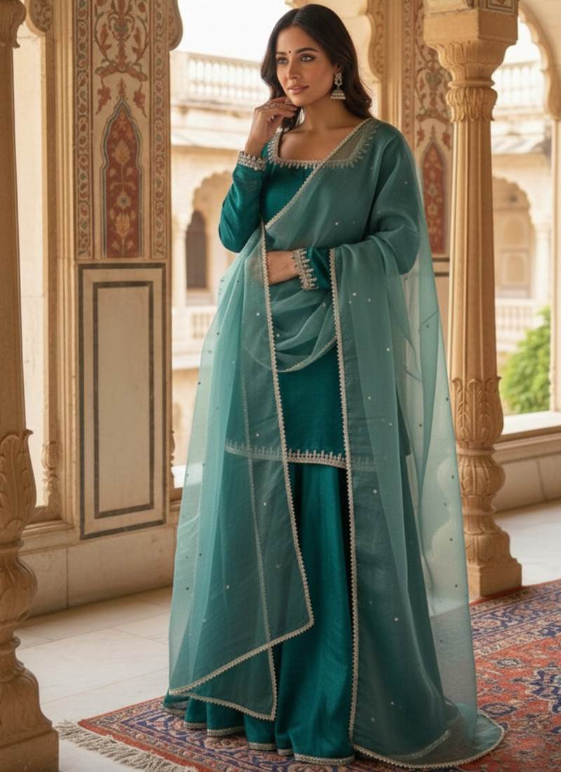 Teal Silk Stones Palazzo Suit Festive Wear