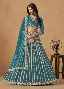 Teal Silk Zari Embroidered Gota Lehenga