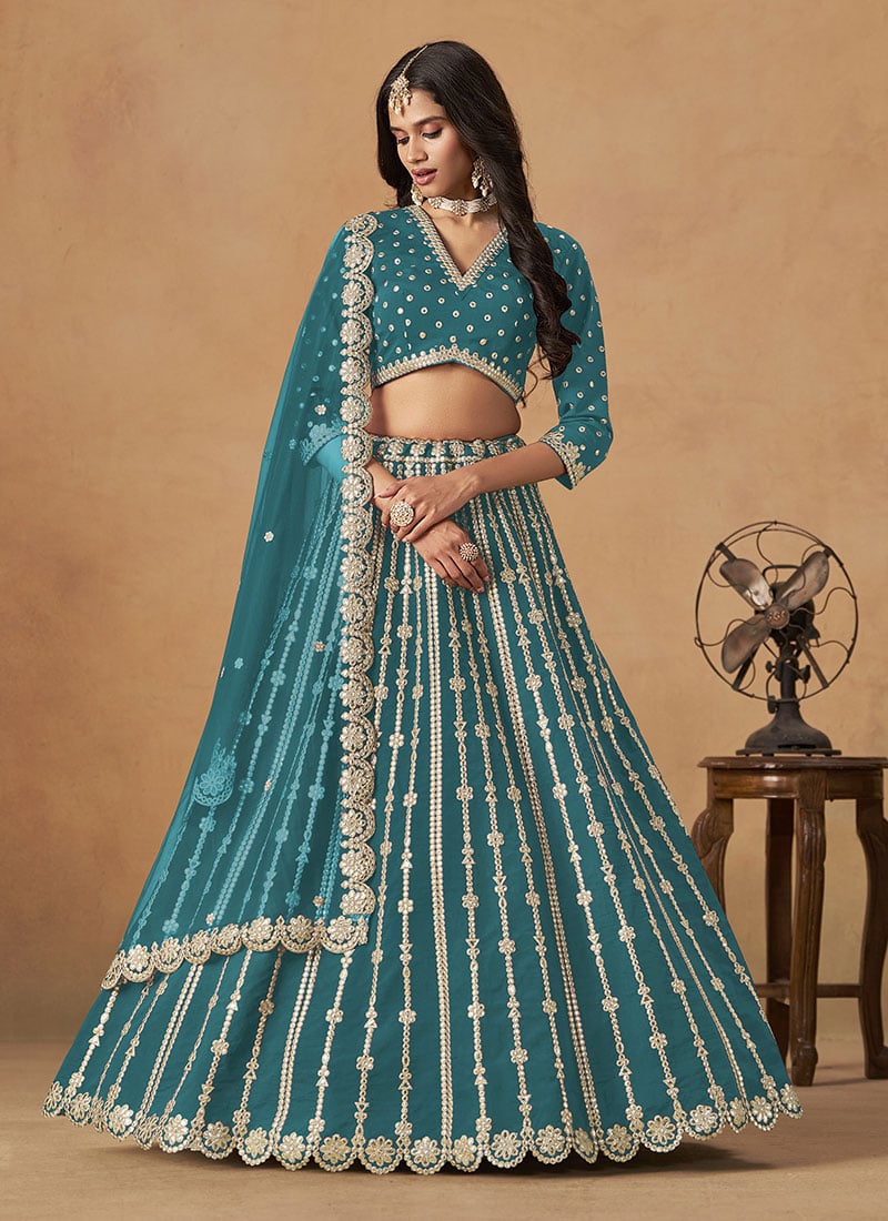 Teal Silk Zari Embroidered Gota Lehenga Wedding Wear
