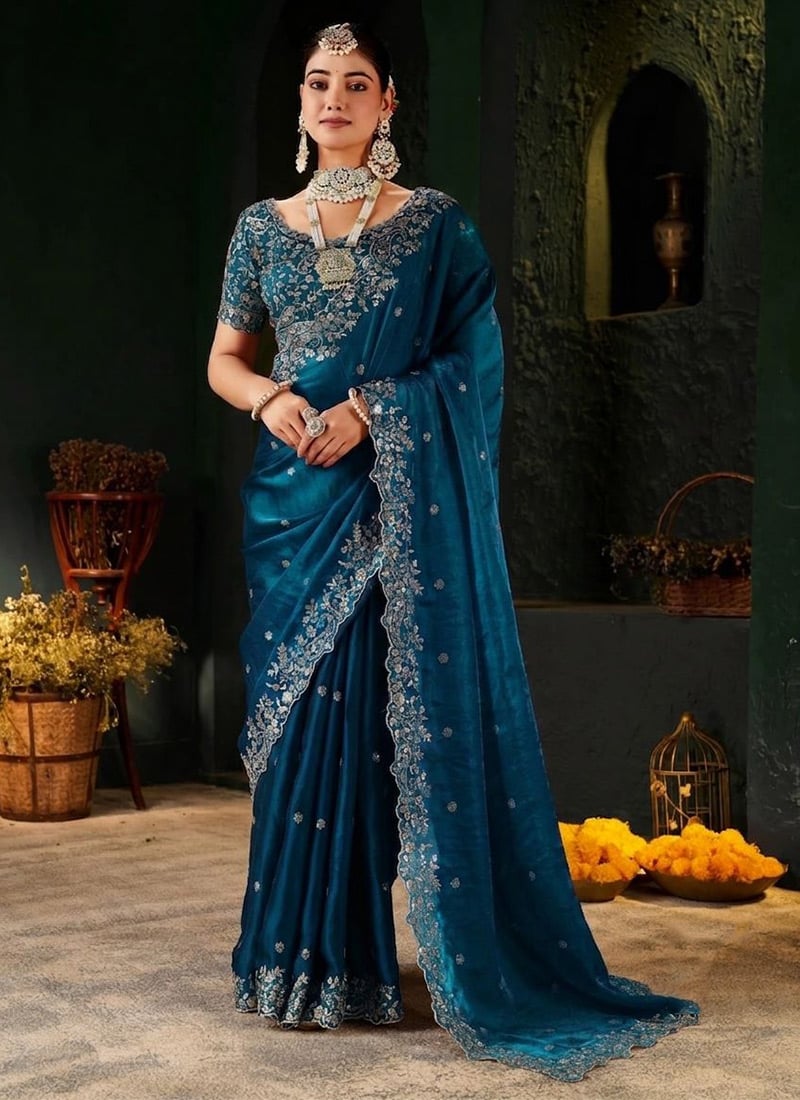 Teal Silk Zari Embroidered Saree After Six Wear