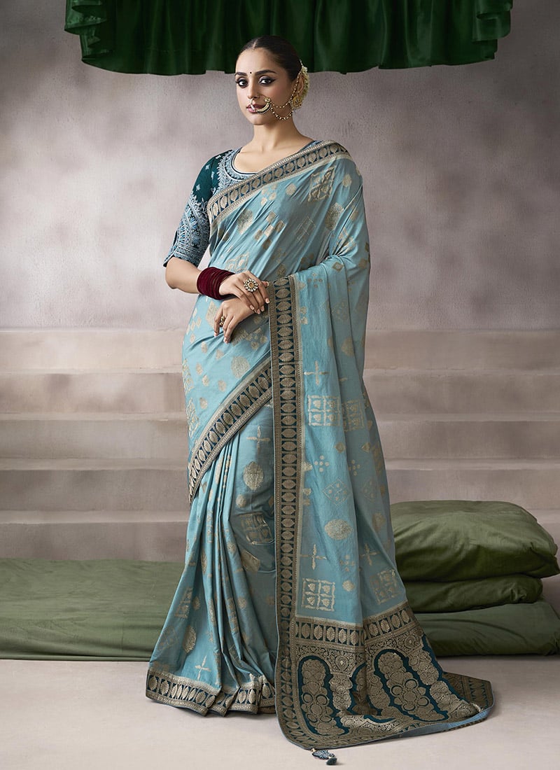 Teal Silk Zari Embroidered Sequins Jacquard Saree Festive Wear