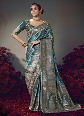 Teal Silk Zari Embroidered Sequins Jacquard Saree