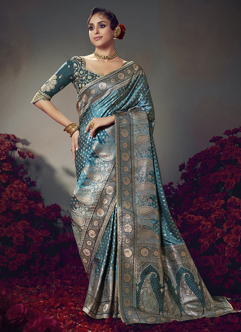 Teal Silk Zari Embroidered Sequins Jacquard Saree Festive Wear