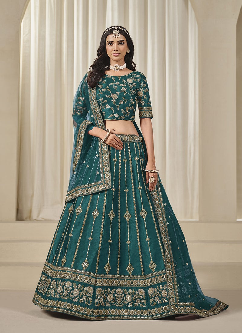 Teal Silk Zari Embroidered Sequins Lehenga Wedding Wear