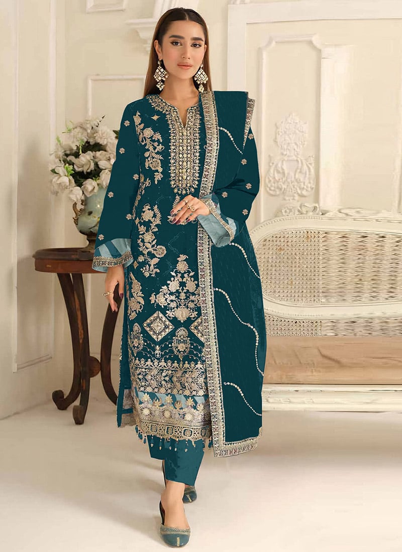 Teal Silk Zari Embroidered Sequins Pakistani Straight Pant Suit Festive Wear