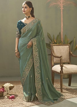 Teal Silk Zari Embroidered Sequins Saree