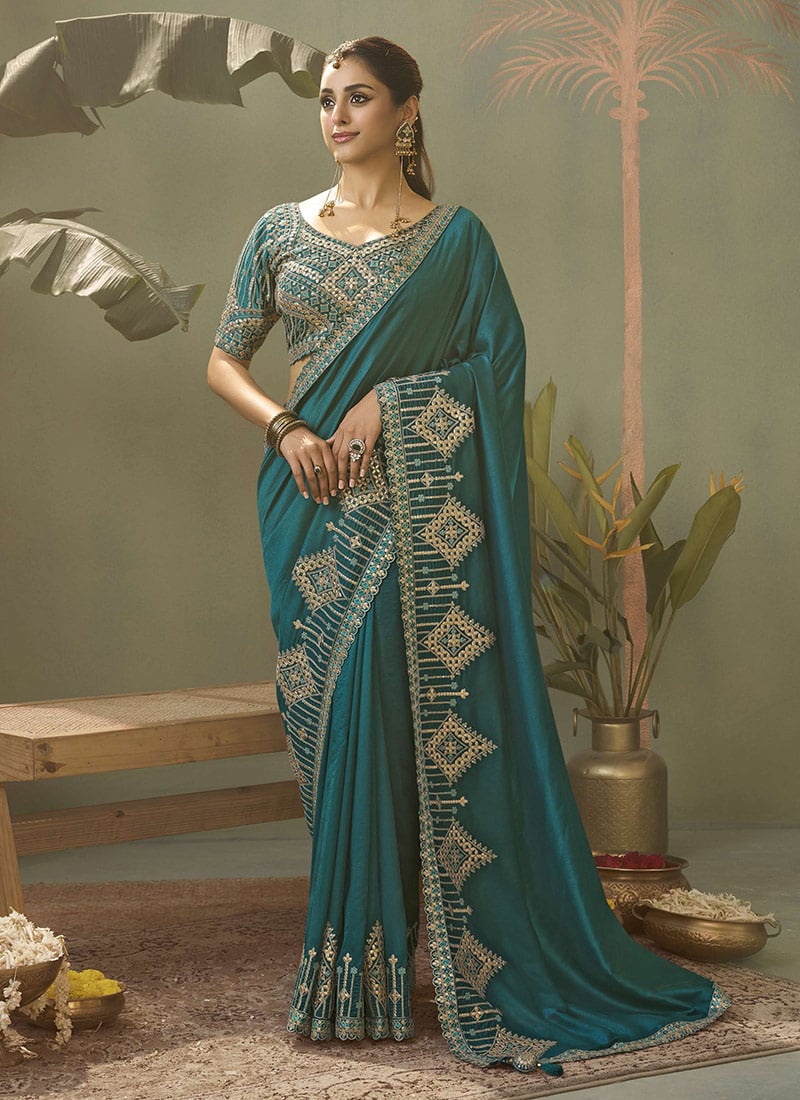 Teal Silk Zari Gota Embroidered Sequins Saree Wedding Wear