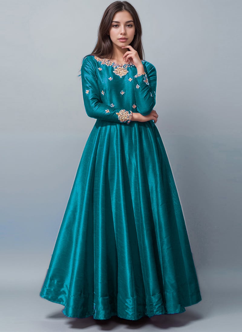 Teal Silk Zari Hand Embroidered Sequins Anarkali Suit Festive Wear