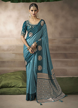Teal Silk Zari Jacquard Embroidered Sequins Saree