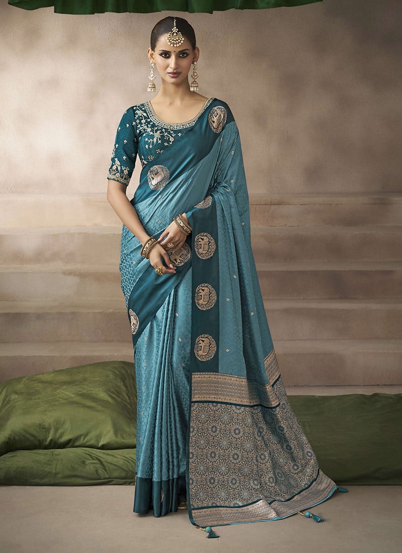 Teal Silk Zari Jacquard Embroidered Sequins Saree Festive Wear