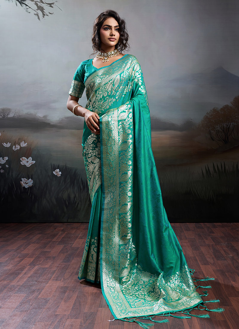 Teal Silk Zari Jacquard Woven Saree Festive Wear