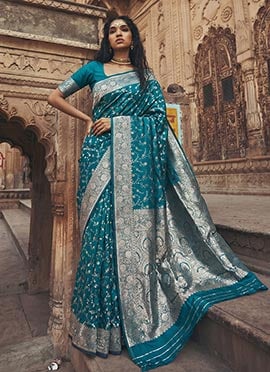 Teal Silk Zari Jacquard Woven Saree