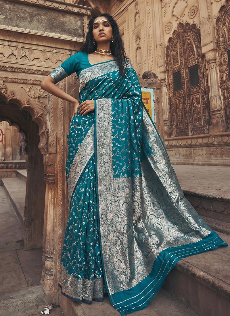 Teal Silk Zari Jacquard Woven Saree Festive Wear