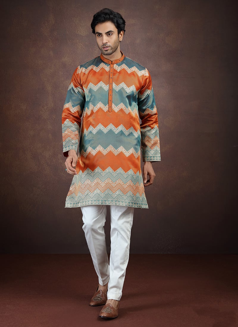 Teal Silk Zari Kurta Pyjama Festive Wear