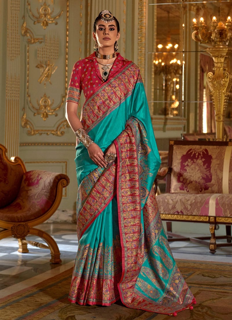 Teal Silk Zari Printed Saree Festive Wear