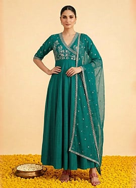 Teal Silk Zari Resham Angarkha Anarkali Suit