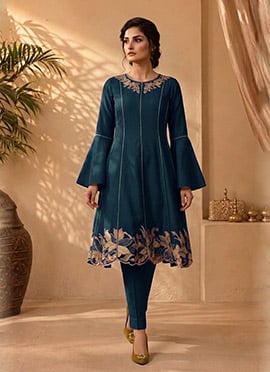Teal Silk Zari Resham Embroidery A Line Kurta Pant Set