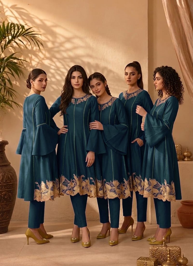 Teal Silk Zari Resham Embroidery A Line Kurta Pant Set After Six Wear