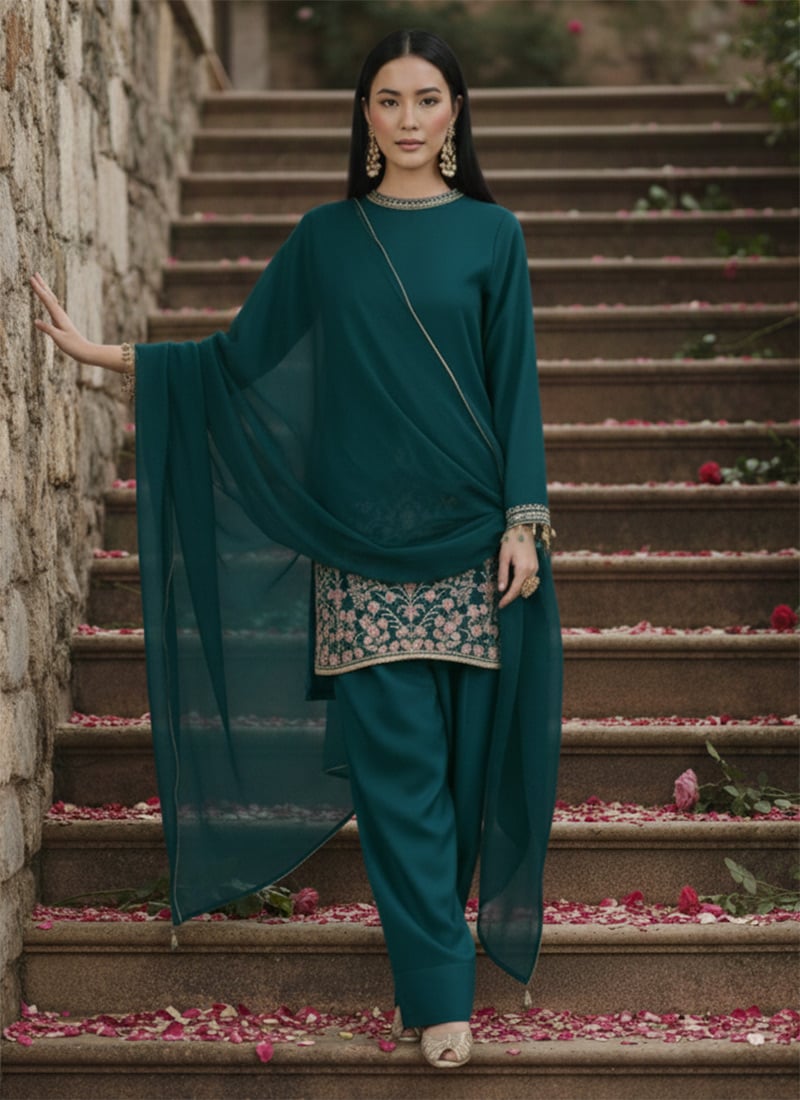 Teal Silk Zari Resham Sequins Farshi Style Salwar Suit Festive Wear