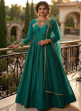 Teal Silk Zari Sequins Embroidered Anarkali Suit
