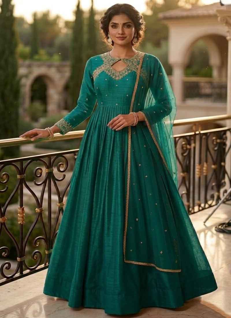 Teal Silk Zari Sequins Embroidered Anarkali Suit Wedding Wear