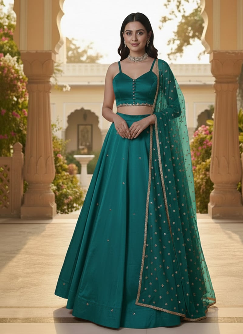 Teal Silk Zari Sequins Hand Embroidered A Line Lehenga Wedding Wear