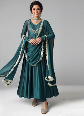 Teal Silk Zari Sequins Hand Embroidery Anarkali Suit
