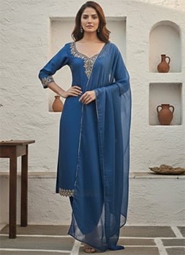 Teal Silk Zari Sequins Straight Pant Suit