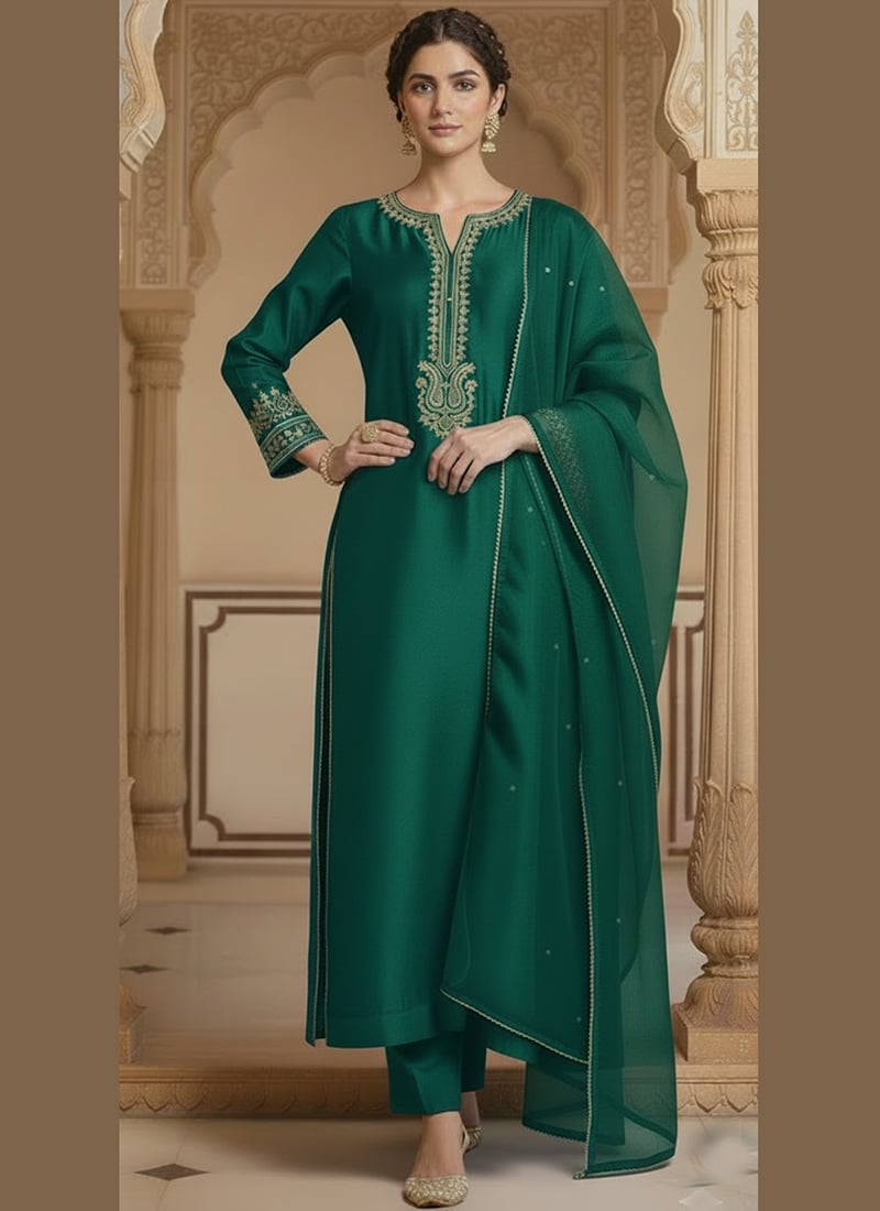 Teal Silk Zari Sequins Straight Pant Suit Festive Wear